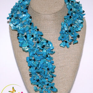 Dyed Turquoise Mother of Pearl & Black Crystals Necklace Set.