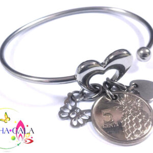 Stainless Steel Heart Bangle With Bahamian $0.5 Cent Coin & Charms