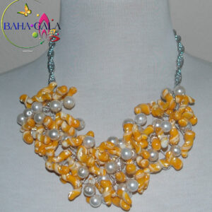 Canary Yellow & White Swirl Mother Of Pearl Nuggets Necklace & Earring Set.