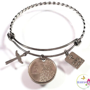 Bahamian Coin "Inspire" Stainless Steel "Butterfly Twist" Adjustable Bangle.