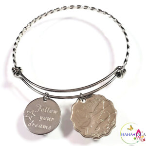 Bahamian Coin "Inspire" Stainless Steel "Butterfly Twist" Adjustable Bangle.