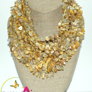 Yellow Multistrand Crocheted Mother Of Pearl & Crystals Necklace Set.
