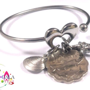 Stainless Steel Heart Bangle With Bahamian $0.10 Cent Coin & Charms