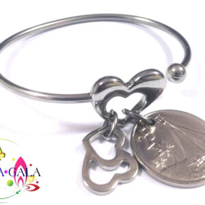 Stainless Steel Heart Bangle With Bahamian $0.25 Cent Coin & Charms