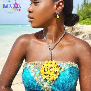 Canary Yellow Mother of Pearl & Black Crystals Flower Necklace Set.
