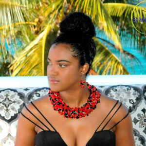 Red Coral Beads & Black Crystals "Crown" Necklace & Earring Set.