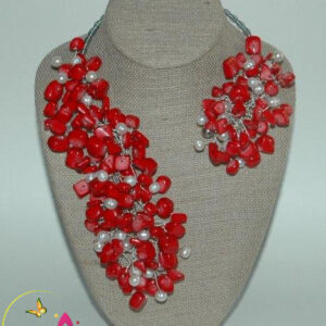 Red Jade & Freshwater Pearls "Crown Jeweled" Necklace & Earring Set.
