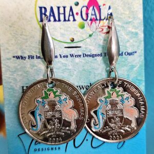 Elegant "Painted" $0.25 Cent Authentic Bahamian Coin Earrings.