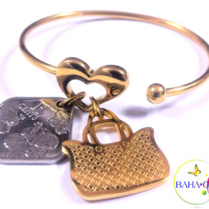 Stainless Steel Heart Bangle With Bahamian $0.15 Cent Coin & Charms