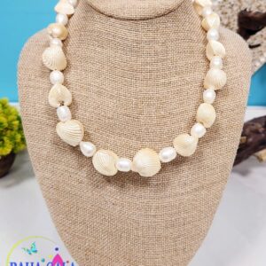 Dyed Yellow Clam Shells & Freshwater Pearl Necklace Set.