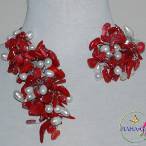 Red Coral & Freshwater Pearls "Crown Jeweled" Necklace & Earring