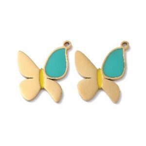 Stainless Steel 18K Gold Plated Butterfly With Teal & Yellow Enamel