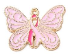 Pink & Gold Enamel Cancer Ribbon Butterfly