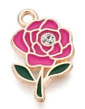 Camellia Fuchsia Rose & Gold, w/ Green Stems & Rhinestone