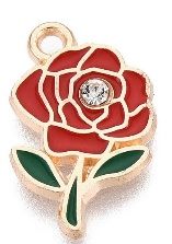 Camellia Red Rose & Gold, w/ Green Stems & Rhinestone